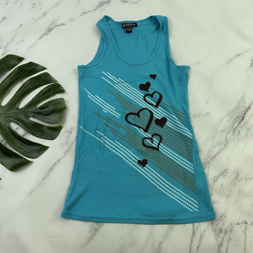 Self Esteem Womens Vintage Y2k Tank Top Size XL Blue Brown Heart Print Ribbed